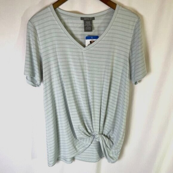Matty M V Neck Twist Front Tee Size L Sage Green White Stripe Short Sleeves - Picture 1 of 6